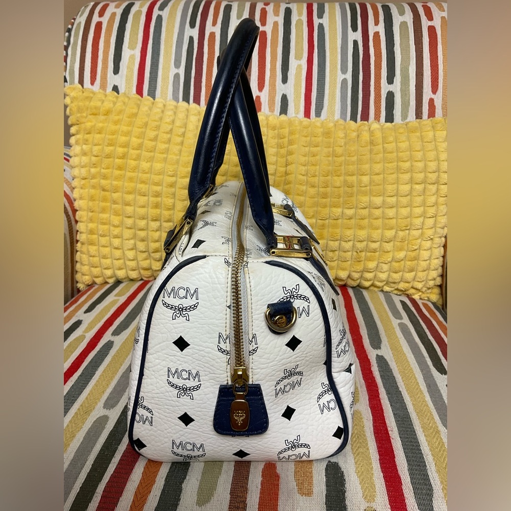 MCM Vintage White & Blue Monogram Visetos Boston Bag. Comes with COA. - Picture 3 of 13